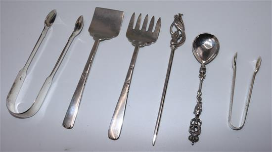 Two prs silver tongs, Russian skewer, spoon & pr servers